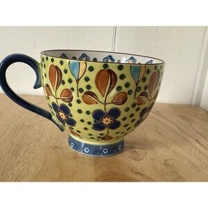 Dutch Wax Anthropologie Floral Tea Coffee Mug Large Blue Green Embossed Flowers
